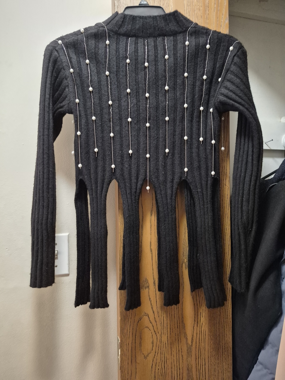 Zara Black Ribbed Pearl-Embellished Cutout Hem Sweater - Picture 8 of 8